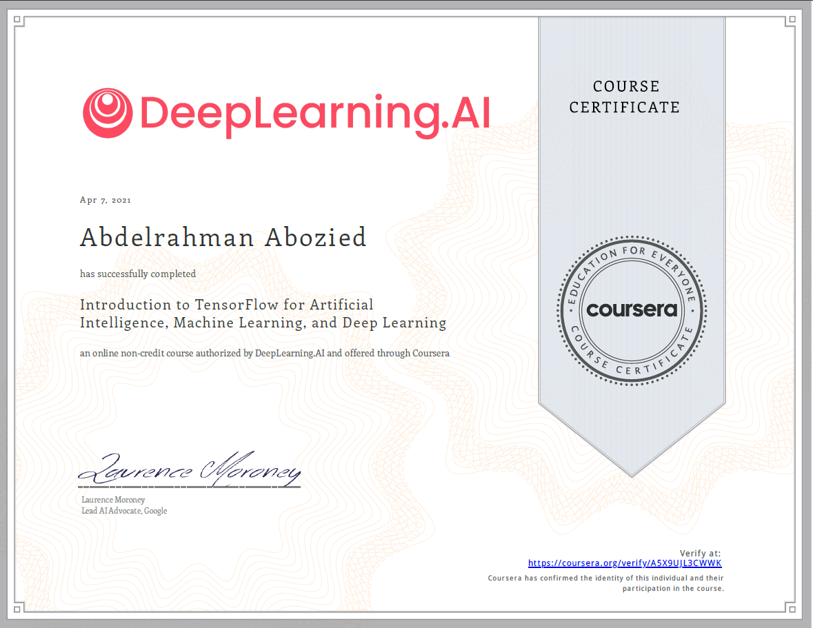 Introduction to TensorFlow for Artificial Intelligence, Machine Learning, and Deep Learning, DeepLearning.AI
